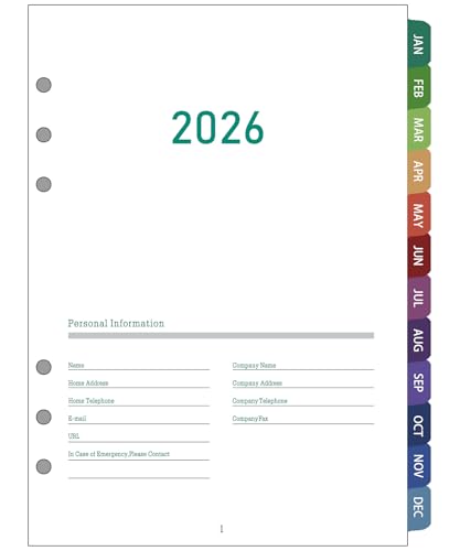 2026 Wochenplaner Einlagen A5 6 Löcher, Deutsch, 1 Woche auf 2 Seiten, mit farbigen Tabs, Januar–Dezember 2026, 100 g/m² dickes Papier, Kalendereinlagen für A5 Ringbuch Planer 2026 Wochenplaner Einlagen A5 6 Löcher, Deutsch, 1 Woche auf 2 Seiten, mit farbigen Tabs, Januar–Dezember 2026, 100 g/m² dickes Papier, Kalendereinlagen für A5 Ringbuch Planer von ZXHQ