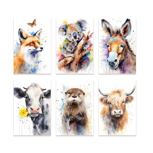 ZXHYWYM Baby Safari Tiere Leinwandbild 6 teilig Fuchs Koala Pferd Kuh Otter Hochlandrinder Wanddrucke niedliches Wald Poster Aquarell Kinderzimmer Wanddekoration (D Kein Rahmen (40x60cmx6)) von ZXHYWYM