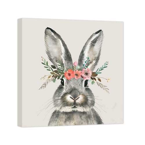 ZXHYWYM Osterhasen Leinwandbilder süßes Kaninchen Poster mit Blumen Tiergemälde Aquarell Kunstdrucke Kinderzimmer Mädchen Baby Wanddekoration Ostergeschenke mit Rahmen (B (70.00 x 70.00 cms)) von ZXHYWYM