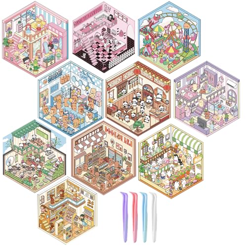 ZXJLWR 10 Stück 3D Haus Aufkleber mit 4 Pinzetten, DIY Miniatur Haus Sticker Set, Kawaii Aesthetic 3D Sticker Scene, Süße Tiny House Mini Spielzeug für Erwachsene und Kinder von ZXJLWR