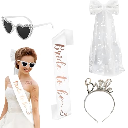 ZXJLWR JGA Accessoires Frauen, 4 Stück Bride To Be Set, JGA Deko Mit Schleier, Perlenbrille, Schärpe Und Krone, Junggesellenabschied Frauen Deko, Für Hochzeiten Und Party von ZXJLWR