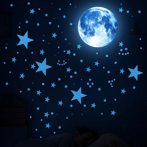 ZXJLWR Leuchtsterne Kinderzimmer, Leuchtsterne Selbstklebend, Wandtattoo Kinderzimmer Junge, Leuchtende Sterne Für Kinderzimmer, Schlafzimmer Dekoration(20 Cm Blauem Mond, 27 Sternen Und 407 Punkten) von ZXJLWR