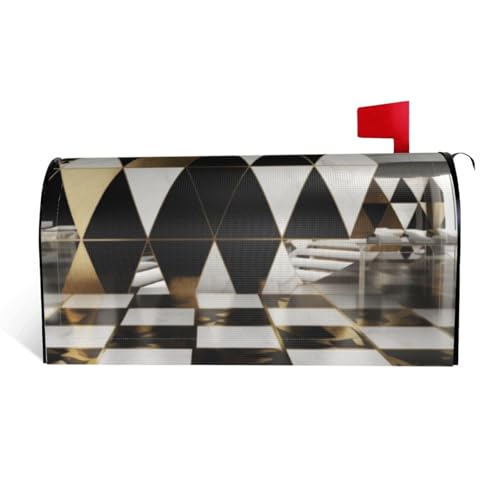 Modische moderne schwarz-weiß-goldene Dreiecke, bedruckt, wasserdichte Stoff-Briefkastenabdeckung mit Magnetverschluss, anpassbare dekorative Hülle für Briefkästen im Freien, passend für 64,8 x 53,3 Modische moderne schwarz-weiß-goldene Dreiecke, bedruckt, wasserdichte Stoff-Briefkastenabdeckung mit Magnetverschluss, anpassbare dekorative Hülle für Briefkästen im Freien, passend für 64,8 x 53,3 von ZXMDZTSS
