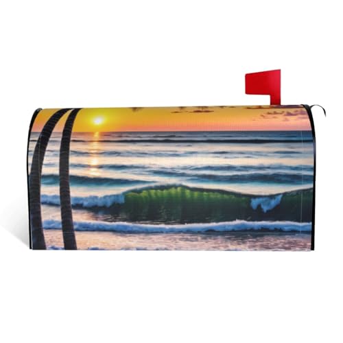 Strandpalmen Sonnenuntergang – Druck wasserdichte Stoffbriefkastenabdeckung mit Magnetverschluss – anpassbare dekorative Hülle für Briefkästen im Freien – passend für 64,8 x 53,3 cm von ZXMDZTSS