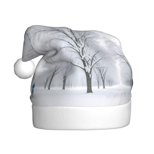 ZXMDZTSS Bäume an verschneiten Tagen – Druck für Erwachsene, Plüsch-Weihnachtsmütze, gemütlich, festlich, Weihnachtsmann-Kopfbedeckung, Pompon für Weihnachtsfeiern, Feiertage. von ZXMDZTSS
