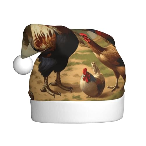 ZXMDZTSS Bauernhof-Aufdruck, Huhn und Hahn, Plüsch-Weihnachtsmütze für Erwachsene, gemütlich, festlich, Weihnachtsmann-Kopfbedeckung, Pom-Pom für Weihnachten, Partys, Feiertage. von ZXMDZTSS