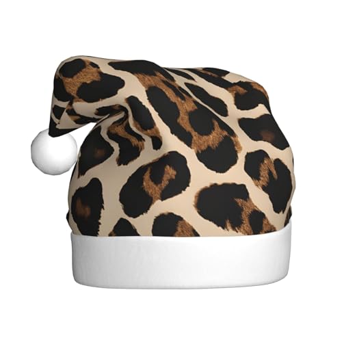 ZXMDZTSS Braunes Leopardenmuster für Erwachsene, Plüsch-Weihnachtsmütze, gemütlich, festlich, Weihnachtsmann-Kopfbedeckung, Pompon für Weihnachten, Partys, Feiertage. von ZXMDZTSS