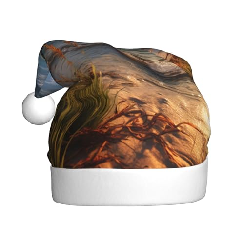ZXMDZTSS Calm Coastal Scene Print Erwachsene Plüsch Weihnachtsmütze Gemütlich Festlich Weihnachtsmann Kopfbedeckung Pom Pom für Weihnachten Partys Urlaub von ZXMDZTSS