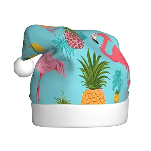 ZXMDZTSS Flamingo-Druck – Druck für Erwachsene, Plüsch-Weihnachtsmütze, gemütlich, festlich, Weihnachtsmann-Kopfbedeckung, Pompon für Weihnachten, Partys, Feiertage. von ZXMDZTSS