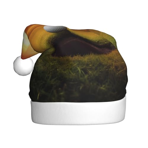 ZXMDZTSS Golfsport bei Sonnenuntergang – Druck für Erwachsene, Plüsch-Weihnachtsmütze, gemütlich, festlich, Weihnachtsmann-Kopfbedeckung, Pompon für Weihnachten, Partys, Feiertage. von ZXMDZTSS