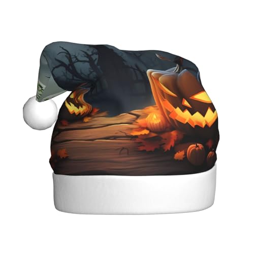 ZXMDZTSS Halloween-Weihnachtsmütze, Mond, Fledermaus, Kürbis, bedruckt, für Erwachsene, Plüsch, gemütlich, festlich, Weihnachtsmann-Kopfbedeckung, Pom-Pom für Weihnachten, Partys, Feiertage. von ZXMDZTSS