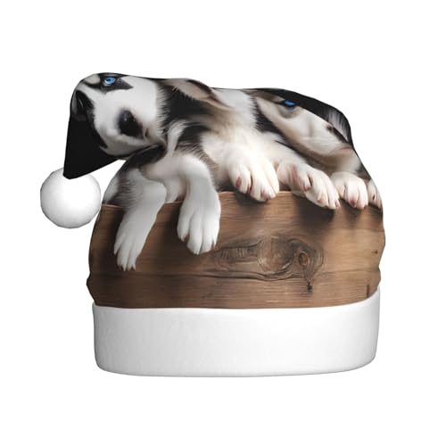 ZXMDZTSS Husky-Welpen-Hunde-Druck für Erwachsene, Plüsch-Weihnachtsmütze, gemütlich, festlich, Weihnachtsmann-Kopfbedeckung, Pom-Pom für Weihnachten, Partys, Feiertage. von ZXMDZTSS