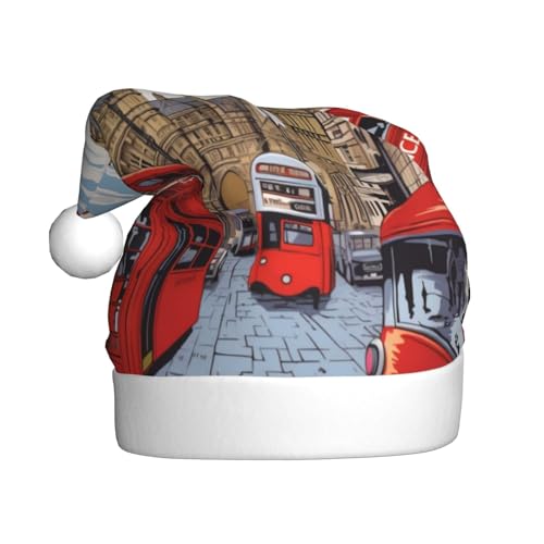 ZXMDZTSS London – bedruckte Weihnachtsmütze für Erwachsene, Plüsch, gemütlich, festlich, Weihnachtsmann-Kopfbedeckung, Pompon für Weihnachten, Partys, Feiertage. von ZXMDZTSS