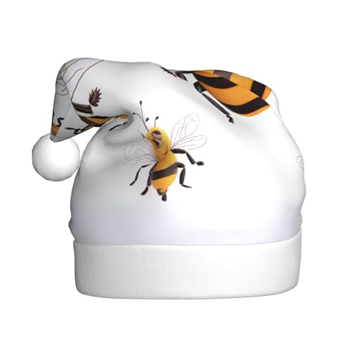 ZXMDZTSS Lustige Bienen – Druck für Erwachsene, Plüsch-Weihnachtsmütze, gemütlich, festlich, Weihnachtsmann-Kopfbedeckung, Pompon für Weihnachten, Partys, Feiertage. von ZXMDZTSS