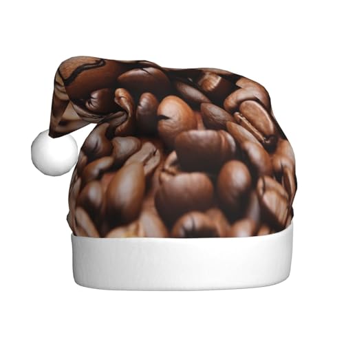 ZXMDZTSS Lustige geröstete Kaffeebohnen – Druck für Erwachsene, Plüsch-Weihnachtsmütze, gemütlich, festlich, Weihnachtsmann-Kopfbedeckung, Pom-Pom für Weihnachten, Partys, Feiertage. von ZXMDZTSS