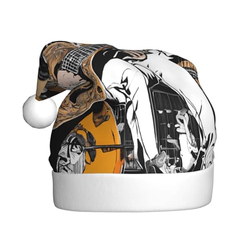 ZXMDZTSS Magische E-Gitarre-Musik-Druck für Erwachsene, Plüsch-Weihnachtsmütze, gemütlich, festlich, Weihnachtsmann-Kopfbedeckung, Pompon für Weihnachtsfeiern, Feiertage. von ZXMDZTSS
