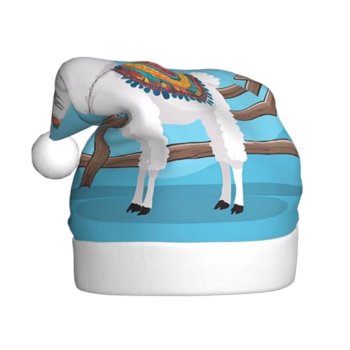 ZXMDZTSS Niedliche Alpaka-Druck für Erwachsene, Plüsch-Weihnachtsmütze, gemütlich, festlich, Weihnachtsmann-Kopfbedeckung, Pompon für Weihnachten, Partys, Feiertage. von ZXMDZTSS