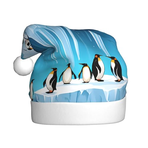 ZXMDZTSS Pinguine auf dem Eisberg bedruckt – Druck für Erwachsene, Plüsch-Weihnachtsmütze, gemütlich, festlich, Weihnachtsmann-Kopfbedeckung, Pom-Pom für Weihnachten, Partys, Feiertage. von ZXMDZTSS