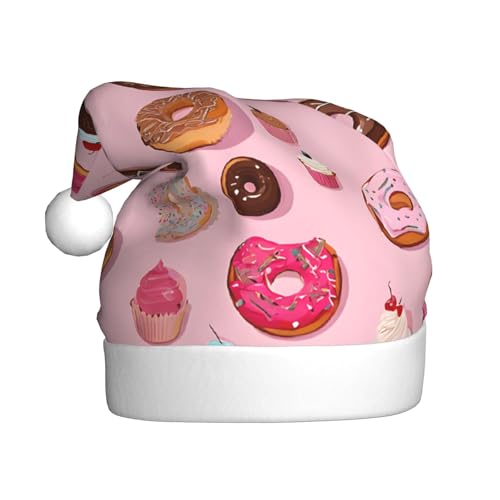ZXMDZTSS Plüsch-Weihnachtsmütze für Erwachsene, Motiv: Cupcakes, Donuts, Muffins, Zucker, gemütlich, festlich, Weihnachtsmann-Kopfbedeckung, Pom-Pom für Weihnachten, Partys, Feiertage. von ZXMDZTSS