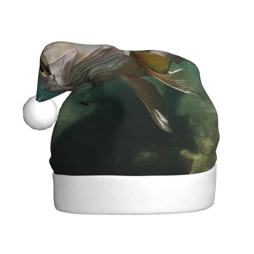 ZXMDZTSS Unterwasserwels-Druck für Erwachsene, Plüsch-Weihnachtsmütze, gemütlich, festlich, Weihnachtsmann-Kopfbedeckung, Pom-Pom für Weihnachten, Partys, Feiertage. von ZXMDZTSS