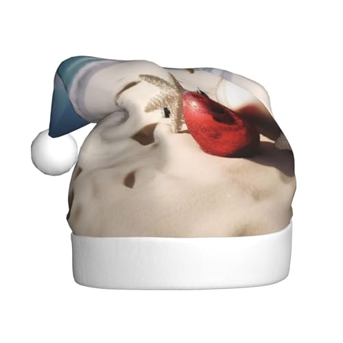 ZXMDZTSS Weihnachtlicher Strand-Druck für Erwachsene, Plüsch-Weihnachtsmütze, gemütlich, festlich, Weihnachtsmann-Kopfbedeckung, Pom-Pom für Weihnachten, Partys, Feiertage. von ZXMDZTSS