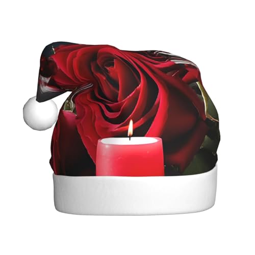 ZXMDZTSS Weihnachtsmütze für Erwachsene, Motiv: Rotweinrosen und Kerzen, Plüsch, gemütlich, festlich, Weihnachtsmann-Kopfbedeckung, Pompon für Weihnachten, Partys, Feiertage. von ZXMDZTSS
