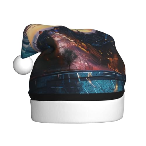 ZXMDZTSS Weihnachtsmütze für Erwachsene, Motiv: Stadtbild, Dämmerung, Plüsch, gemütlich, festlich, Weihnachtsmann-Kopfbedeckung, Pom-Pom für Weihnachten, Partys, Feiertage. von ZXMDZTSS