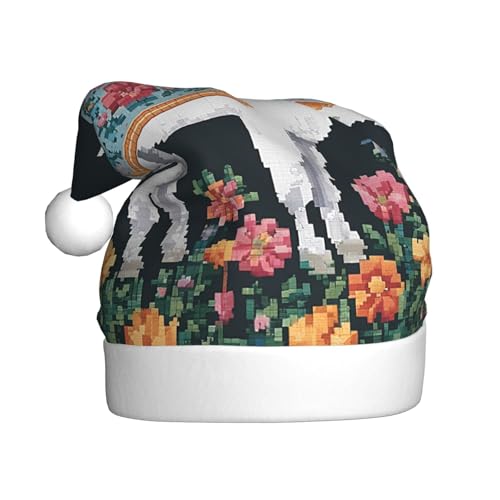 ZXMDZTSS Weihnachtsmütze mit Blumendruck, Plüsch, gemütlich, festlich, Weihnachtsmann-Kopfbedeckung, Pompon für Weihnachten, Partys, Feiertage. von ZXMDZTSS