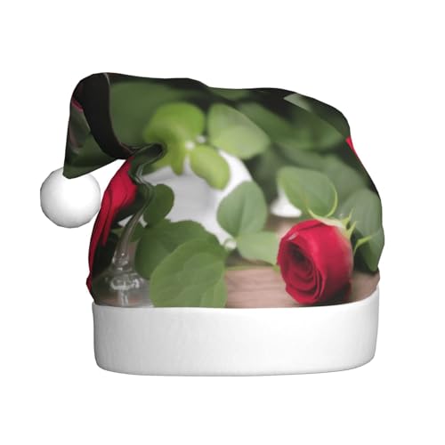ZXMDZTSS Weihnachtsmütze mit Kerzen und rotem Rosenwein – Plüsch-Weihnachtsmütze für Erwachsene, gemütlich, festlich, Weihnachtsmann-Kopfbedeckung, Pom-Pom für Weihnachten, Partys, Feiertage. von ZXMDZTSS