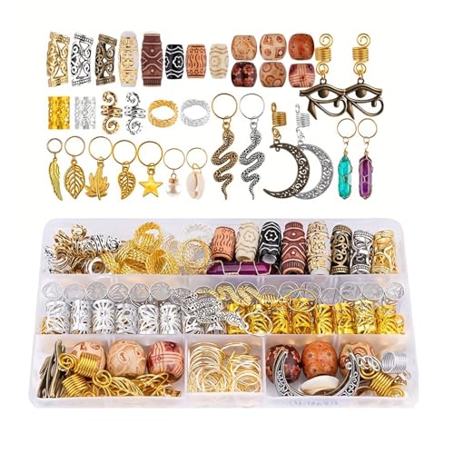 ZXYZLJJD 184 Pcs Schmutzige Braid Haar Ring Set, Metall Clips Manschetten Ringe, Zubehör für Zöpfe Dreadlocks Perlen für Flechten Bart Dekoration Armbänder Anhänger Halskette DIY, Metall Haarspulen Ri von ZXYZLJJD