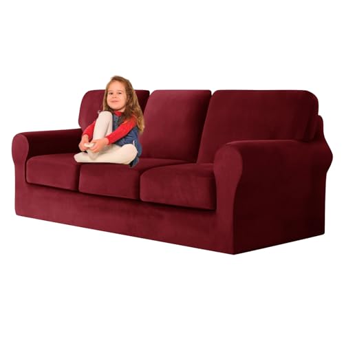 ZYBSLCSY Ektorp Sofabezug, Stretch Anti-Rutsch Couchbezug Mit Elastischen Riemen, Separatem Sitzkissenbezug Rückenlehnen Samtstoff Sofaschutz FüR Kinder, Haustiere (Burgundy,3 Seater 7pcs) von ZYBSLCSY