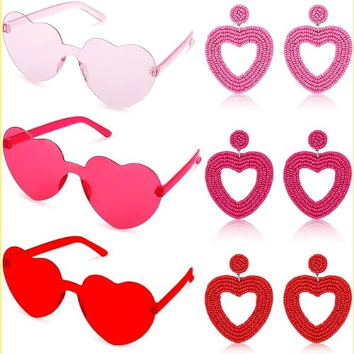 ZYDNANYANG 6pack Valentinstag Herz Errings Herz Form Sonnenbrille Glitter Herz Ohrringe Rot Rose Rosa Perlen Herz geformte Ohrringe Zubehör von ZYDNANYANG