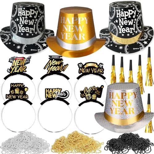ZYDNANYANG Neujahr 2024 Partyhut Neujahr Silvester,6 Stück Partyhüte,6 Stück Dreieckiger spitzer Hut,12 Frohes Neues Jahr Stirnband Tiara Hörner Hüte Ausblase und Beads (1) von ZYDNANYANG