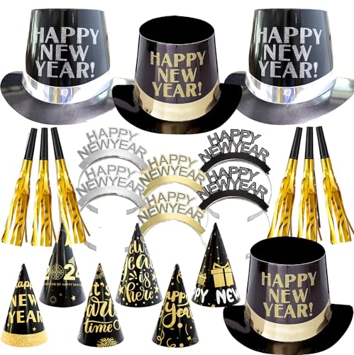 ZYDNANYANG Neujahr 2024 Partyhut Neujahr Silvester,6 Stück Partyhüte,6 Stück Dreieckiger spitzer Hut,12 Frohes Neues Jahr Stirnband Tiara Hörner Hüte Ausblase und Beads (2) von ZYDNANYANG