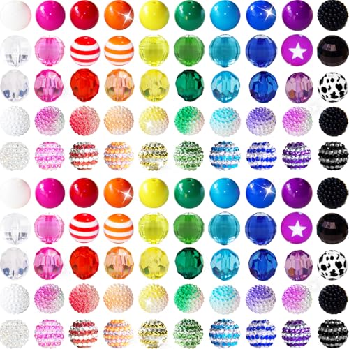 100 Stück 20 mm Perlen für Stifte, Strass, Kaugummi-Perlen, gemischte Kristall-Acrylperlen, rund, klobige Perlen, glitzernde, große Perlen für Stifte, Perlen, Armbänder, Halsketten, Bastelarbeiten von ZYEHXED