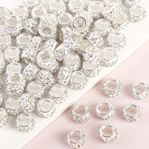 100 Stück Strassperlen mit großem Loch, Abstandshalter, weiße europäische Bastelperlen, großes Loch, Strasssteine, Murano-Perlen, Feen-Zauberstab, Gartenperlen für DIY-Armbänder, Halsketten von ZYEHXED