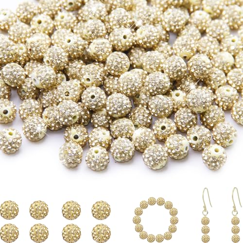 200 Stück 10 mm Strass-Perlen zur Schmuckherstellung, hellgelb, glänzend, rund, Shamballa-Disco-Baseball-Halskette, Perlen, funkelnde Kristall-Ton, Pavé-Fassung, Strassperlen für DIY-Armbänder von ZYEHXED