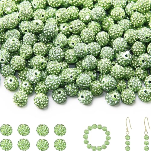 200 Stück 10 mm Strass-Perlen zur Schmuckherstellung, hellgrün, glänzend, rund, Shamballa, Disco, Baseball-Halskette, Perlen, funkelnde Kristall-Ton, Pavé-Fassung, Strassperlen für DIY-Armbänder von ZYEHXED