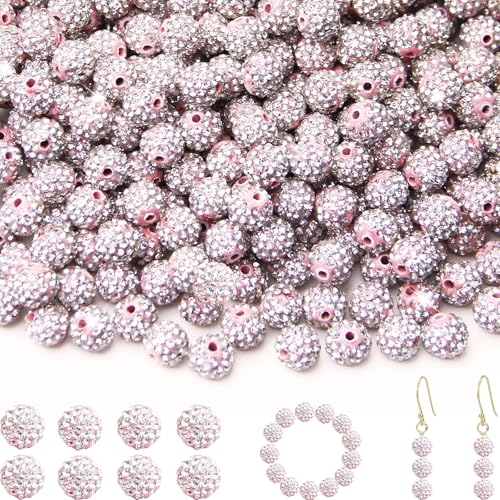200 Stück 10 mm Strass-Perlen zur Schmuckherstellung, hellrosa, glänzend, rund, Shamballa-Disco-Baseball-Halskette, Perlen, funkelnde Kristall-Ton, Pavé-Fassung, Strassperlen für DIY-Armbänder von ZYEHXED