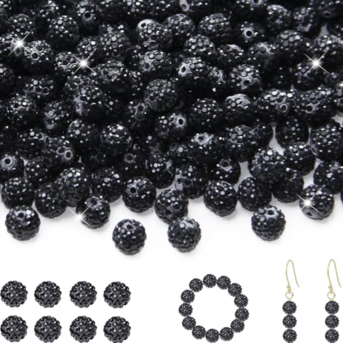 200 Stück 10 mm Strassperlen für Schmuckherstellung, schwarz glänzend, rund, Shamballa, Disco, Baseball-Halskette, Perlen, funkelnde Kristall-Ton, Pavé-Fassung, Strass-Perlen für DIY-Armbänder von ZYEHXED