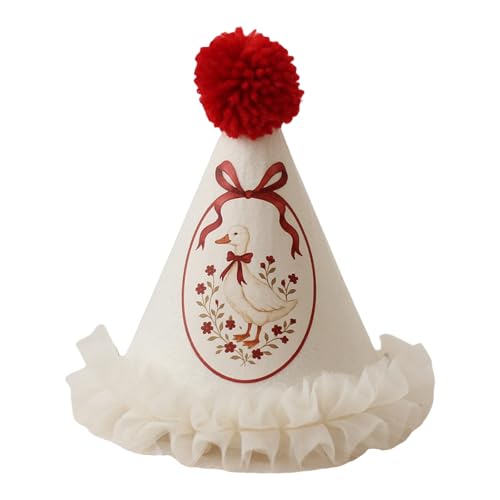 ZYHARUKO Spitzenhut Anpassung Geburtstag Feier Ente Blume Muster Doppellagige Spitze und Pompons Dekoration Weiches Vlies Geburtstag von ZYHARUKO