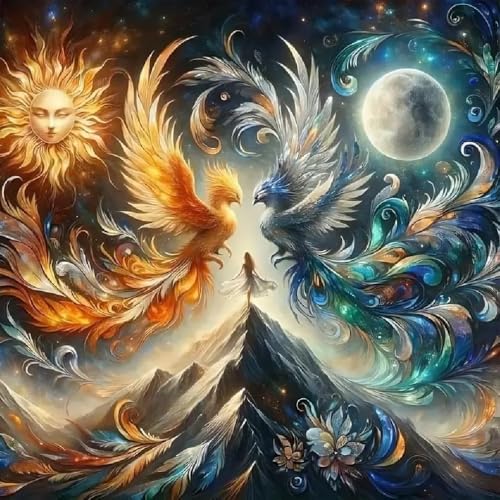 5D Diamond Painting Phönix, Rundes Stein-DIY-Diamantgemälde, Diamantmalerei Sonne und Mond, Geeignet für Anfänger und Erwachsene, Geeignet für die Wanddekoration zu Hause und Geschenke（30x30 cm） von ZYJBD