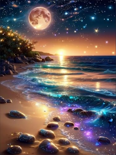 5D Diamond Painting Set, Leuchtendes Mond und Strand Motiv, Strand-Diamant-Kunstset für Erwachsene，DIY Vollbohrer Diamond Painting Kit für Anfänger, für Wohnzimmer und Schlafzimmer Wanddek（30x40cm） von ZYJBD