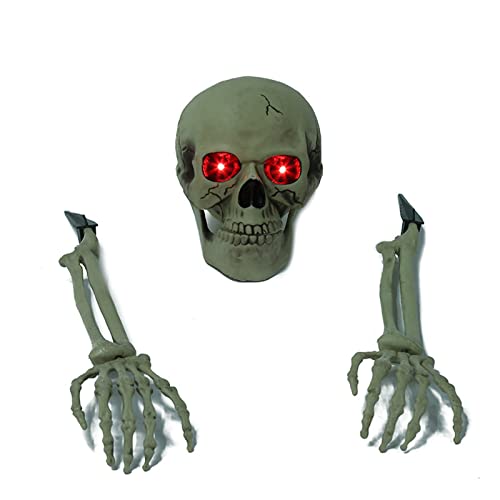 ZYLLZY 3-teiliges Halloween-Skelett-Kopf- und Hände-Set, Simulation, gefälschte Skelett-Kopf-Ornamente, gruseliges Kunststoff-Totenkopf-Skelett für drinnen und draußen, Halloween, Party, Spukhaus von ZYLLZY