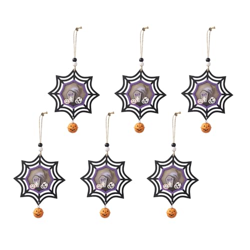 Set mit 6 Holzornamenten zum Aufhängen mit weicher Beleuchtung, Kürbis/Fledermaus/Spinnen-Anhänger, Halloween, Festlichkeiten, Heimdekoration, aufwendige Schnitzerei-Details von ZYMIADOU