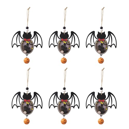 Set mit 6 Holzornamenten zum Aufhängen mit weicher Beleuchtung, Kürbis/Fledermaus/Spinnen-Anhänger, Halloween, Festlichkeiten, Heimdekoration, aufwendige Schnitzerei-Details von ZYMIADOU