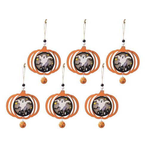 Set mit 6 Holzornamenten zum Aufhängen mit weicher Beleuchtung, Kürbis/Fledermaus/Spinnen-Anhänger, Halloween, Festlichkeiten, Heimdekoration, aufwendige Schnitzerei-Details von ZYMIADOU