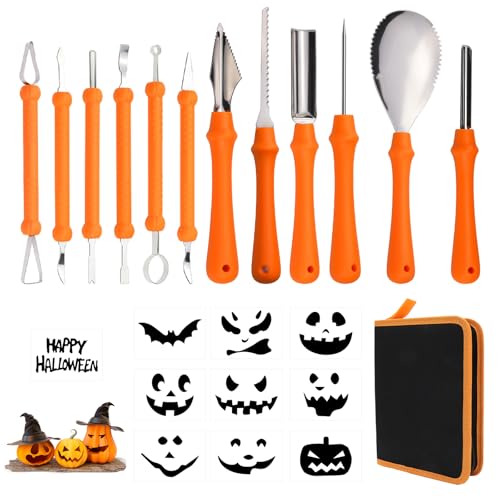 ZYNERY 12 Stück Kürbis Schnitzset, Schnitzwerkzeug Kürbis mit Tragetasche und 10 Vorlagen, Edelstahl Kürbis Schnitzen Werkzeug für Halloween-Dekorationen und DIY-Aktivitäten von ZYNERY
