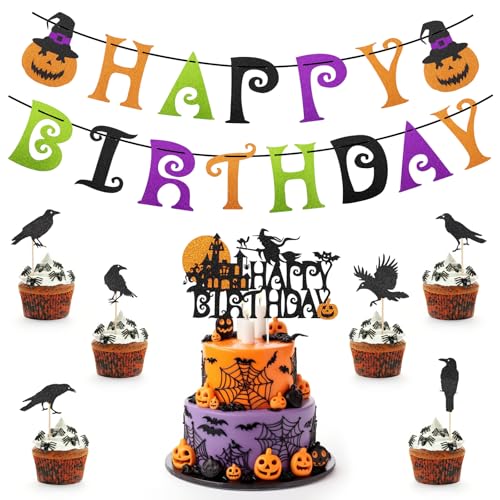 ZYNERY 8 Stück Tortendeko Halloween Kuchendeko mit Happy Birthday Girlande Kürbis Schloss Hexe Besen Cake Topper Crow Cupcake Dekoration für Geburtstage Halloween Partys von ZYNERY