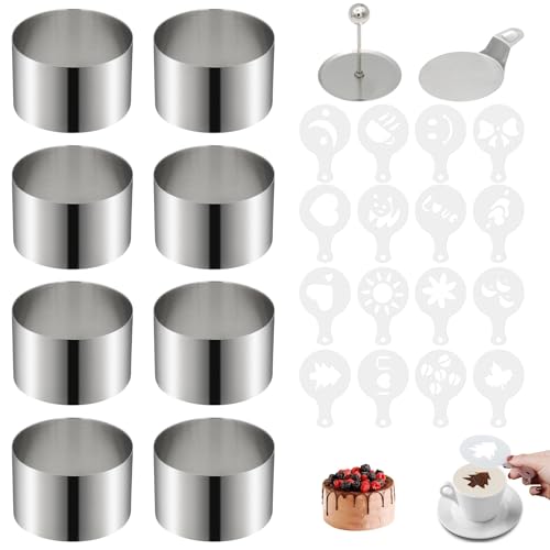 ZYNERY Set of 8 Dessert Rings and Food Rings, Diameter 8 cm Round Mousse Ring, 16 Stencils, Stainless Steel Cake Rings Set with Lifter & Masher for DIY Mousse Cake Rice Ball Dessert von ZYNERY